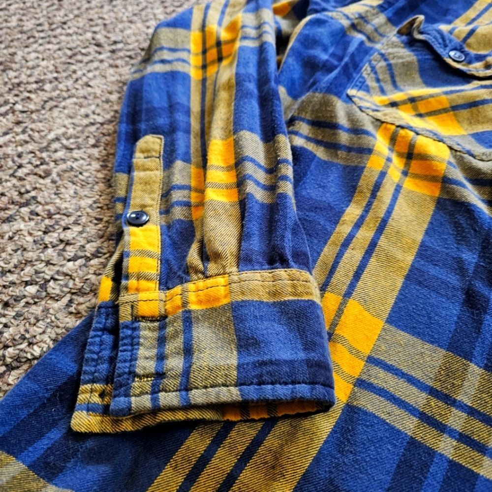 Arizona Jean Co. Blue & Gold Plaid Flannel Long Sleeve Button-Up Pockets Sz. L - Picture 4 of 8